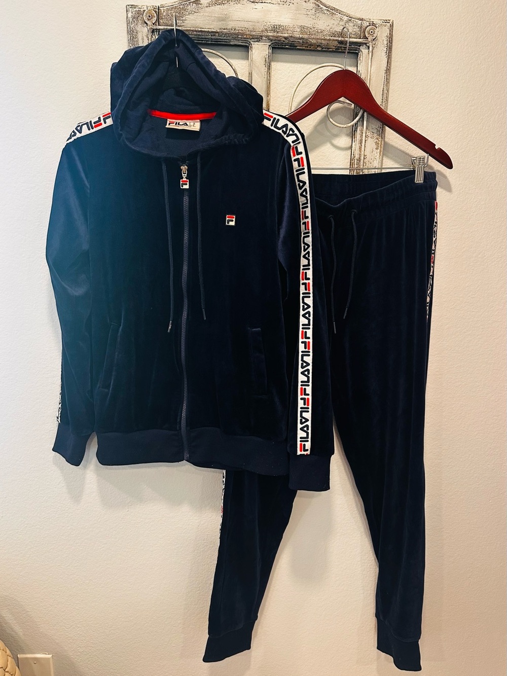 Fila Women’s Navy Velour Hooded Jacket & Jogger Tracksuit with Logo Tape